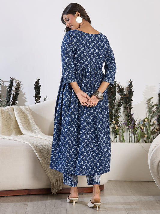 Indo Era Blue Printed A-Line Kurta Trousers set