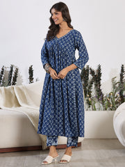 Indo Era Blue Printed A-Line Kurta Trousers set