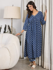 Indo Era Blue Printed A-Line Kurta Trousers set