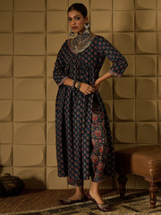 Indo Era Teal Printed A-Line Kurta Trousers set