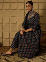 Indo Era Teal Printed A-Line Kurta Trousers set