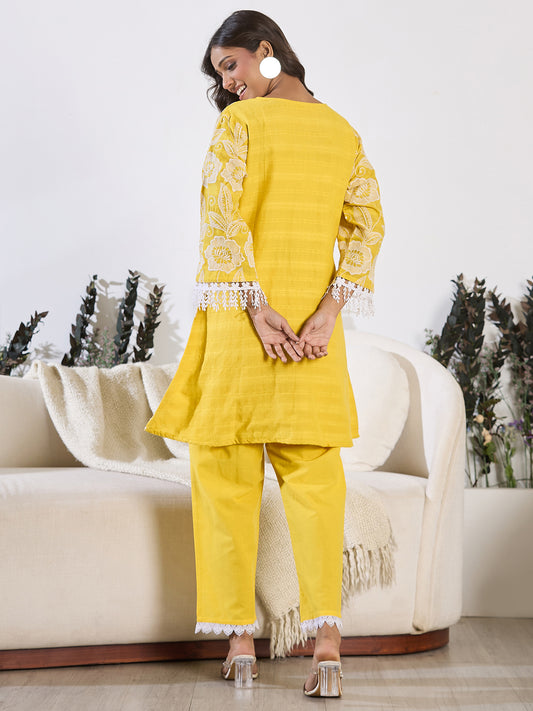 Indo Era Mustard Embroidered A-Line Kurta Trousers set