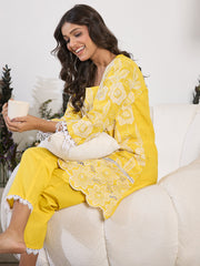 Indo Era Mustard Embroidered A-Line Kurta Trousers set