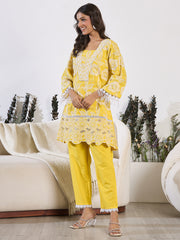 Indo Era Mustard Embroidered A-Line Kurta Trousers set