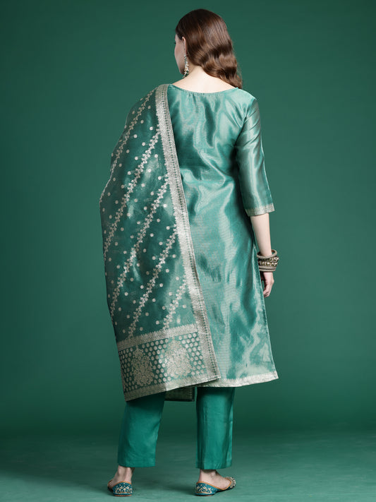 Indo Era Green  Straight Kurta Trousers With Dupatta Set