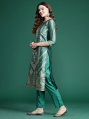 Indo Era Green  Straight Kurta Trousers With Dupatta Set