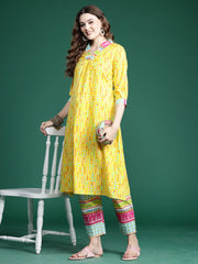 Indo Era Yellow Printed A-Line Kurta Trousers  set