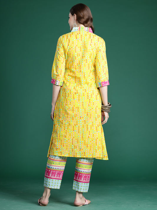 Indo Era Yellow Printed A-Line Kurta Trousers  set