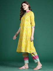 Indo Era Yellow Printed A-Line Kurta Trousers  set