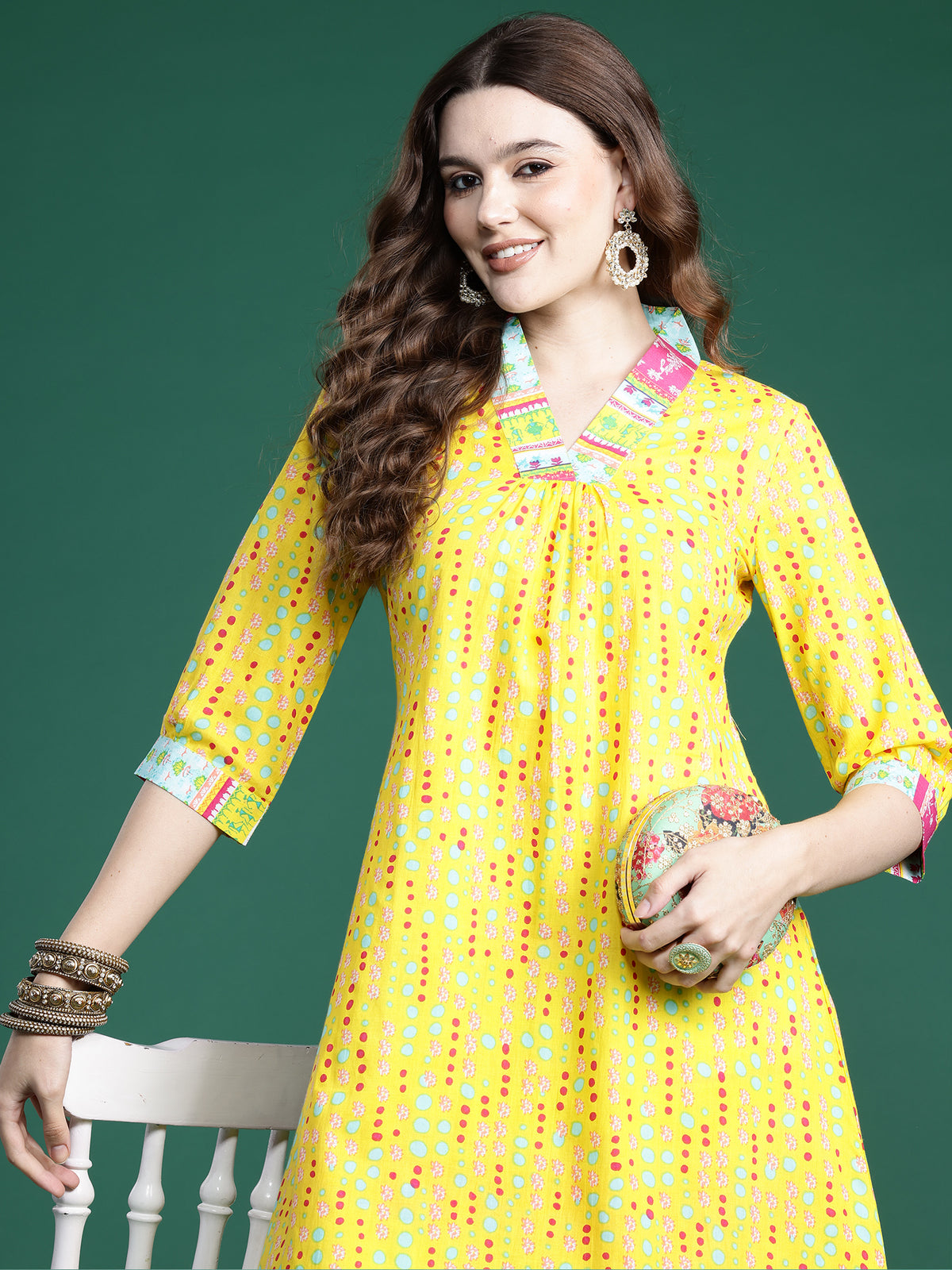 Indo Era Yellow Printed A-Line Kurta Trousers  set