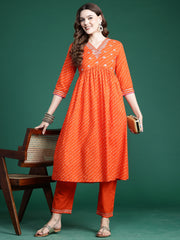 Indo Era Orange Embroidered A-Line Kurta Trousers set