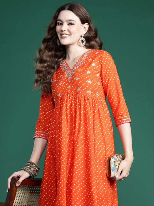 Indo Era Orange Embroidered A-Line Kurta Trousers set