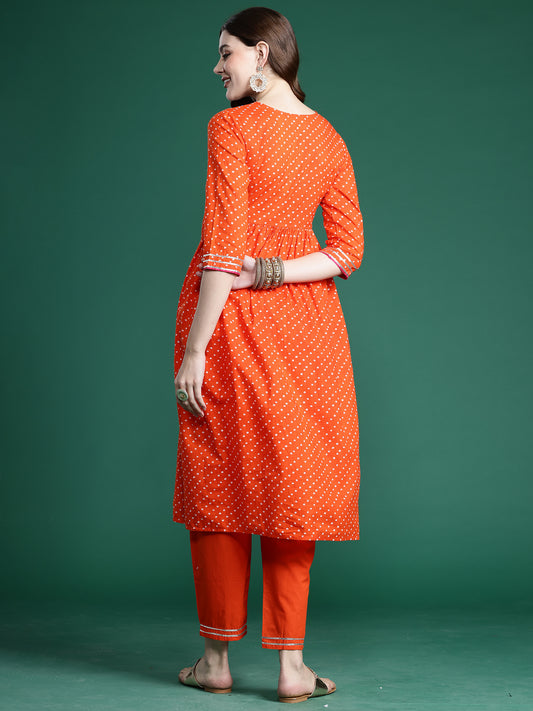 Indo Era Orange Embroidered A-Line Kurta Trousers set