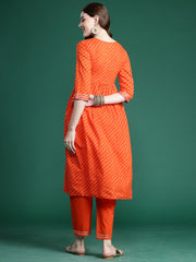 Indo Era Orange Embroidered A-Line Kurta Trousers set