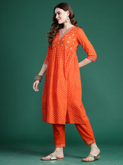 Indo Era Orange Embroidered A-Line Kurta Trousers set