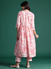 Indo Era Peach Printed A-Line Kurta Trousers set