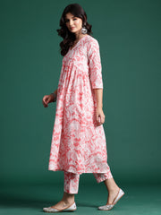 Indo Era Peach Printed A-Line Kurta Trousers set