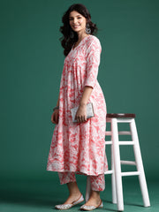 Indo Era Peach Printed A-Line Kurta Trousers set