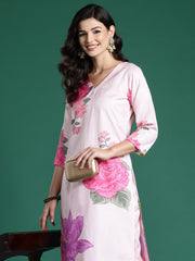 Indo Era Peach Printed Straight Kurta Trousers  Set