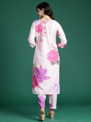 Indo Era Peach Printed Straight Kurta Trousers  Set