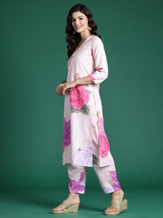 Indo Era Peach Printed Straight Kurta Trousers  Set