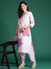 Indo Era Peach Printed Straight Kurta Trousers  Set