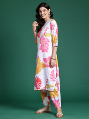 Indo Era White Printed Straight Kurta Trousers  Set