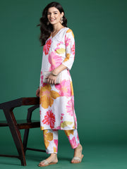 Indo Era White Printed Straight Kurta Trousers  Set