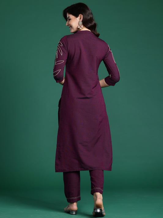 Indo Era Burgundy Embroidered Straight Kurta Trousers Set