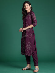 Indo Era Burgundy Embroidered Straight Kurta Trousers Set