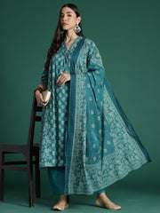 Indo Era Teal Printed A-Line Kurta Trousers With Dupatta set