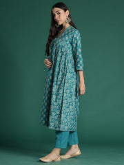 Indo Era Teal Printed A-Line Kurta Trousers With Dupatta set