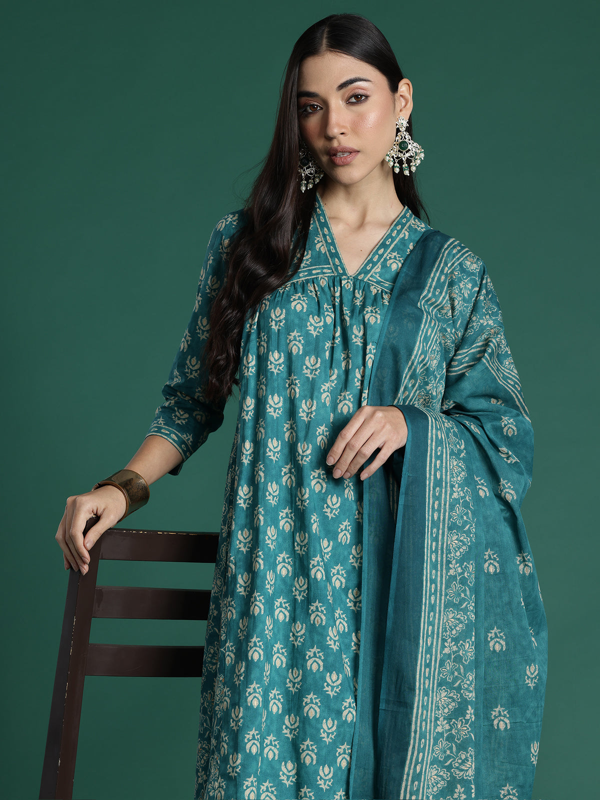 Indo Era Teal Printed A-Line Kurta Trousers With Dupatta set