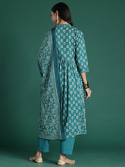 Indo Era Teal Printed A-Line Kurta Trousers With Dupatta set