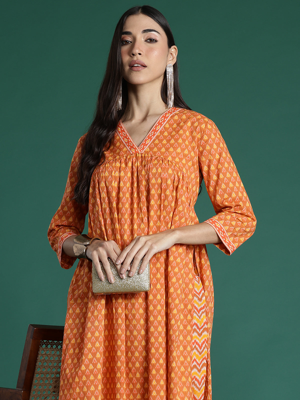 Indo Era Orange Printed A-Line Kurta Trousers set