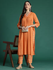 Indo Era Orange Printed A-Line Kurta Trousers set