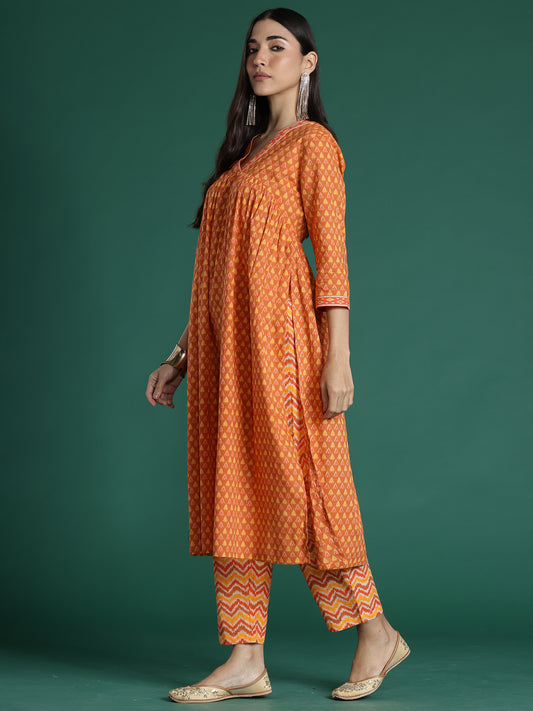 Indo Era Orange Printed A-Line Kurta Trousers set