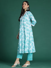 Indo Era White Printed A-Line Kurta Trousers set