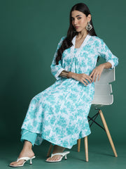 Indo Era White Printed A-Line Kurta Trousers set