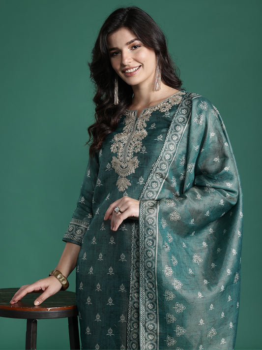 Indo Era Green Embroidered Straight Kurta Trousers With Dupatta Set