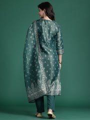 Indo Era Green Embroidered Straight Kurta Trousers With Dupatta Set