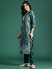 Indo Era Green Embroidered Straight Kurta Trousers With Dupatta Set