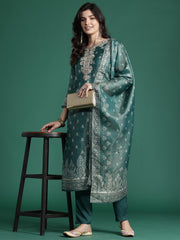 Indo Era Green Embroidered Straight Kurta Trousers With Dupatta Set