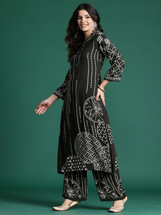 Indo Era Green Printed Straight Kurta Trousers  Set