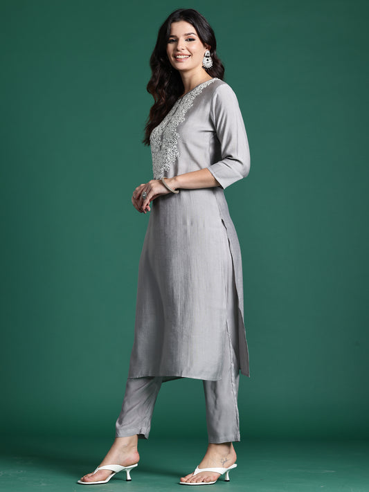 Indo Era Grey Embroidered Straight Kurta Trousers  Set