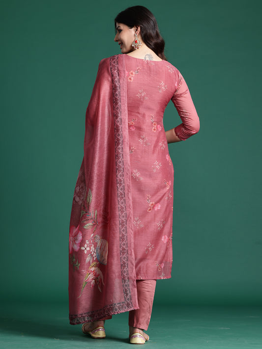 Indo Era Rust Printed Straight Kurta Trousers With Dupatta Set