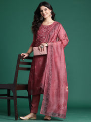 Indo Era Rust Printed Straight Kurta Trousers With Dupatta Set