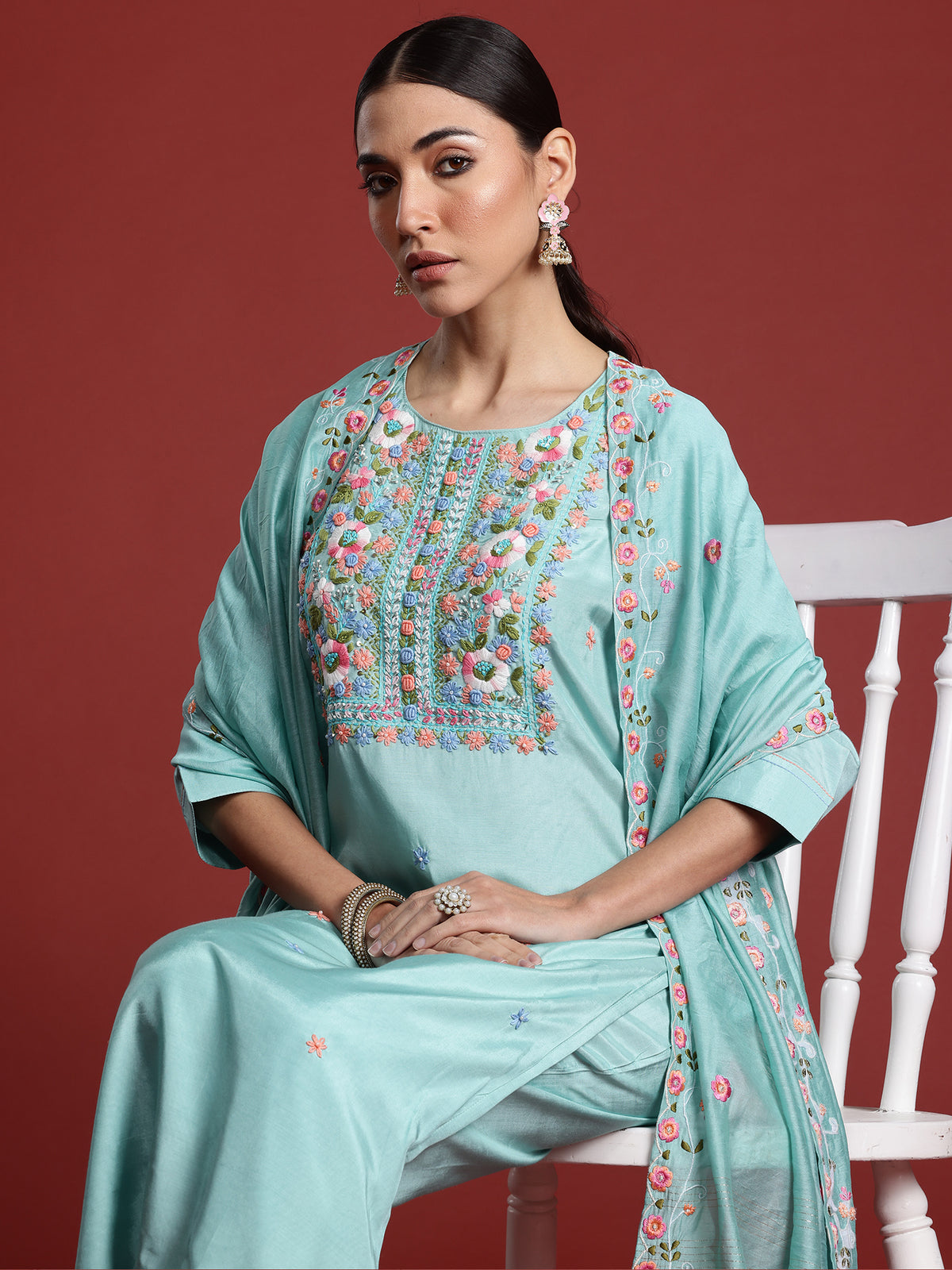 Indo Era Sea Green Embroidered Straight Kurta Trousers With Dupatta Set