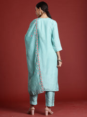 Indo Era Sea Green Embroidered Straight Kurta Trousers With Dupatta Set