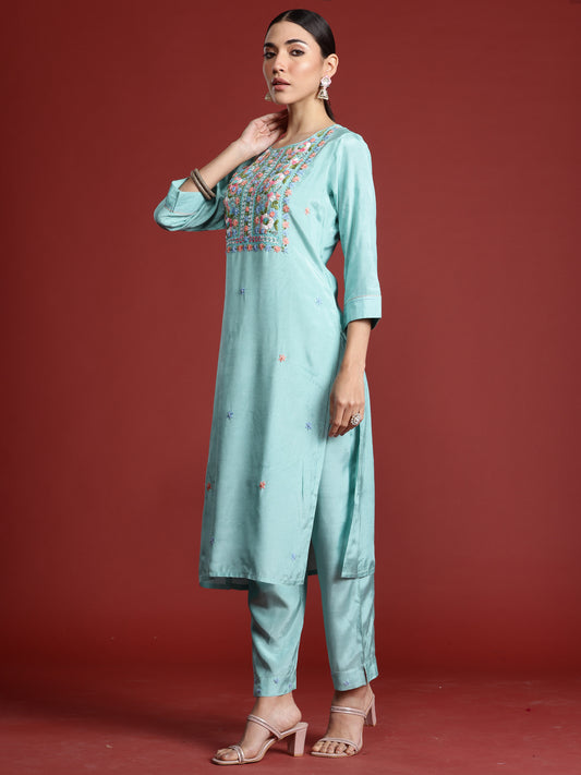 Indo Era Sea Green Embroidered Straight Kurta Trousers With Dupatta Set